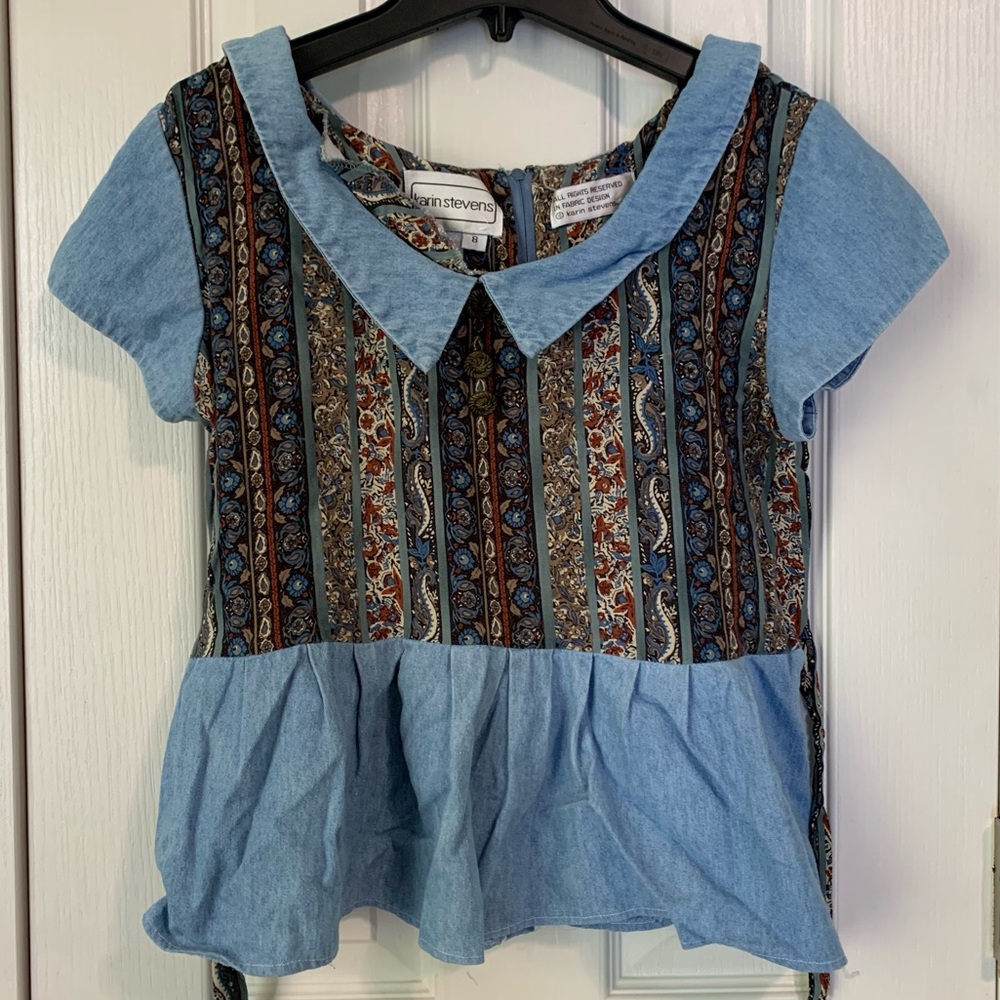 Mixed Print Collared Denim Top